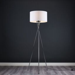 ValueLights Camden Polished Chrome Tripod Floor Lamp with White Drum Lamp Shade