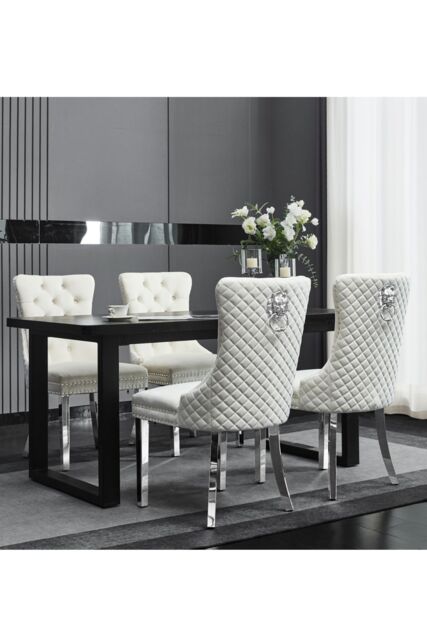 Groundlevel Set Of 2 Plush Velvet Dining Chairs with Lion Head Knocker in Natural - image 1