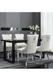 Groundlevel Set Of 2 Plush Velvet Dining Chairs with Lion Head Knocker in Natural