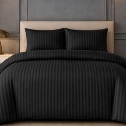 Grace Premium Satin Stripe Duvet Cover Set Soft Breathable Bedding in Black - Size: Double - thumbnail 2