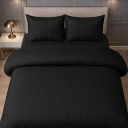 Grace Premium Satin Stripe Duvet Cover Set Soft Breathable Bedding in Black - Size: Double - thumbnail 4