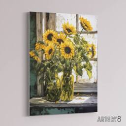 "Artery8 Sunflower Vases Still Life Canvas Wall Art Print in Yellow - Size: W24"" x H32""" - thumbnail 2