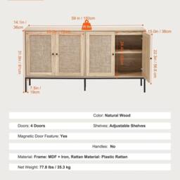 VOGREX Rattan Cabinet Storage with 4 Magnetic Doors & Shelves in Beige - thumbnail 2