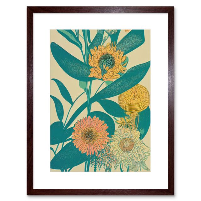 "Artery8 Wall Art Print Marigold Daisy Flowers Turquoise Leaves Bright Colourful Abstract Artwork Framed 9X7 Inch in Brown - Size: W7"" x H9""" - image 1