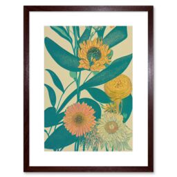 "Artery8 Wall Art Print Marigold Daisy Flowers Turquoise Leaves Bright Colourful Abstract Artwork Framed 9X7 Inch in Brown - Size: W7"" x H9"""