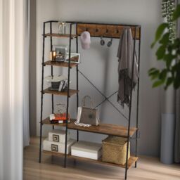 Rafaelo Mobilia Industrial Coat Hanger Stand With Shoe Storage Rustic Brown - thumbnail 1