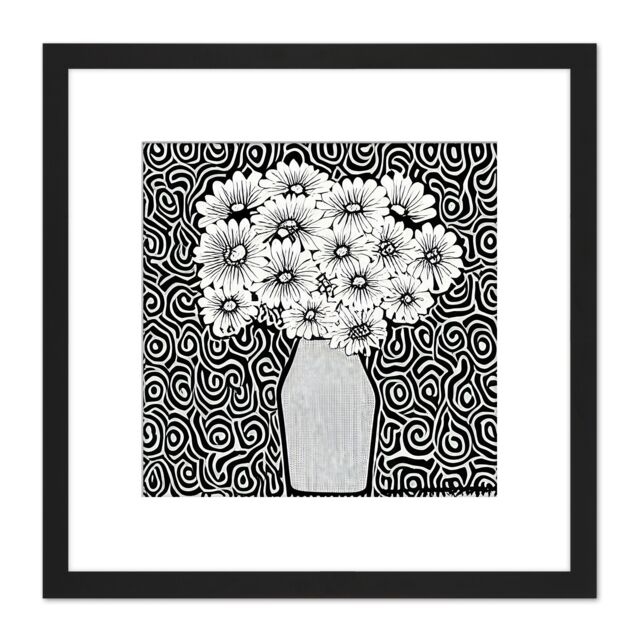 Artery8 Monochrome Flowers In Vase Sixties Black White Swirls Retro Painting Square Wooden Framed Wall Art Print Picture 8X8 Inch - image 1