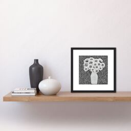 Artery8 Monochrome Flowers In Vase Sixties Black White Swirls Retro Painting Square Wooden Framed Wall Art Print Picture 8X8 Inch - thumbnail 2