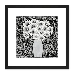 Artery8 Monochrome Flowers In Vase Sixties Black White Swirls Retro Painting Square Wooden Framed Wall Art Print Picture 8X8 Inch - thumbnail 1