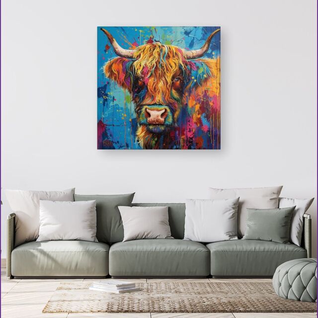 Warren Reed - Designer Splashart Highland Cow Canvas - Size: w40 inch x h40 inch - image 1