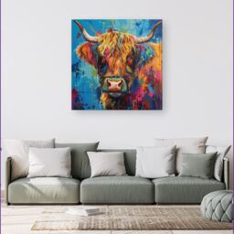 Warren Reed - Designer Splashart Highland Cow Canvas - Size: w40 inch x h40 inch - thumbnail 1