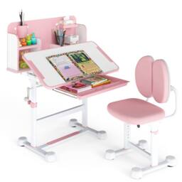 Gymax Tilting Study Desk & Chair Set For 3+ Years Old Height-Adjustable in Pink - thumbnail 1