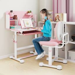 Gymax Tilting Study Desk & Chair Set For 3+ Years Old Height-Adjustable in Pink - thumbnail 8