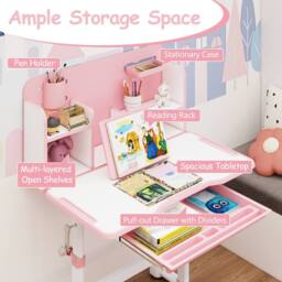 Gymax Tilting Study Desk & Chair Set For 3+ Years Old Height-Adjustable in Pink - thumbnail 3
