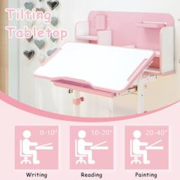 Gymax Tilting Study Desk & Chair Set For 3+ Years Old Height-Adjustable in Pink - thumbnail 4