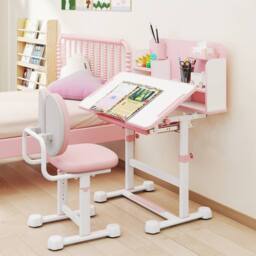 Gymax Tilting Study Desk & Chair Set For 3+ Years Old Height-Adjustable in Pink - thumbnail 9