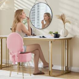 London Boutique Vanity Stool w/ Storage & Folding Back Makeup Stool Comfy Accent Chair in Pink - thumbnail 5