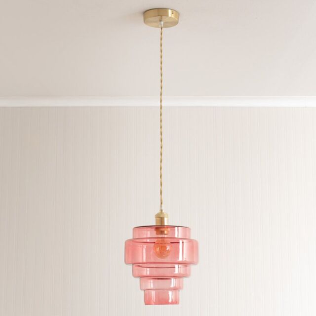 ValueLights Lane Glass 5 Tier Shade Brushed Gold Ceiling Pendant Light & Bulb in Bright Pink - image 1