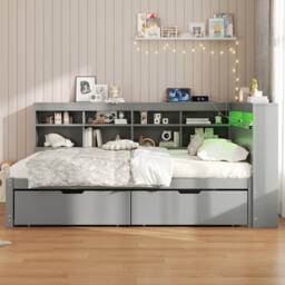 BTM 4ft6 Double Daybed Storage Drawers LED USB Charging Wood Bed in Grey - thumbnail 4