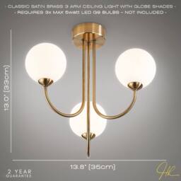 Happy Homewares Modern Designer Antique Brass Ceiling Light with Opal White Globe Glass Shades in Metallic Gold - thumbnail 6