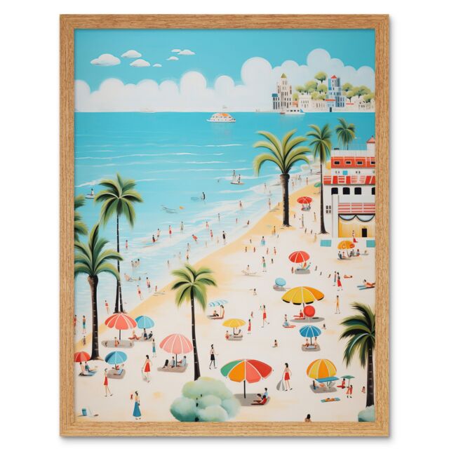 Artery8 Wall Art Print Day at the Beach Summer Holidays Stylised Artwork Pastel Colour Vacation Tourists Coastal Landscape Art Framed - image 1