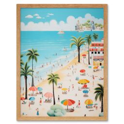 Artery8 Wall Art Print Day at the Beach Summer Holidays Stylised Artwork Pastel Colour Vacation Tourists Coastal Landscape Art Framed - thumbnail 1