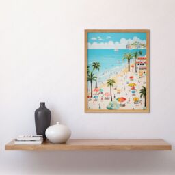 Artery8 Wall Art Print Day at the Beach Summer Holidays Stylised Artwork Pastel Colour Vacation Tourists Coastal Landscape Art Framed - thumbnail 2