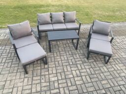 Fimous Aluminium 6 Pieces Garden Furniture Sofa Set with Cushions 7 Seater Outdoor Patio Set with 2 Armchair 2 Big Footstools Dark Grey - thumbnail 1