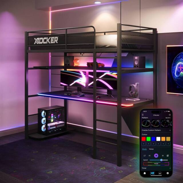 X Rocker Battlebunk RGB LED Single High Sleeper Gaming Bunk Bed with Desk in Black - image 1