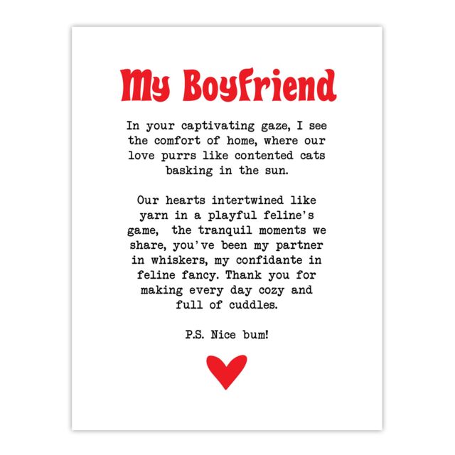 "Artery8 Love Poem Cat Lover Boyfriend Romantic Poetry Fun Wall Art Print in White - Size: W24"" x H32""" - image 1
