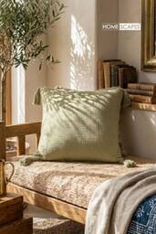 Homescapes Pure Handmade Cotton Muslin Cushion with Cover - 45 x 45 cm in Pale Green - Size: 45 cm x 45 cm - thumbnail 2