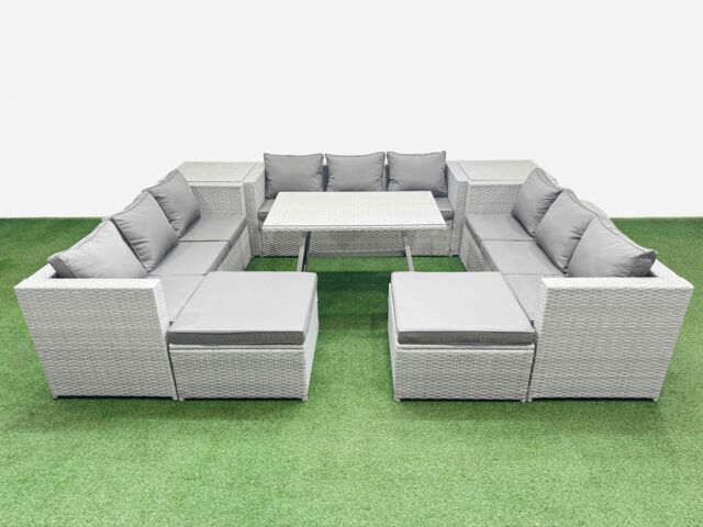 Fimous 11 Seat Patio PE Rattan Garden Furniture with 2 Side Tables 2 Stools in Light Grey - image 1