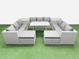 Fimous 11 Seat Patio PE Rattan Garden Furniture with 2 Side Tables 2 Stools in Light Grey - thumbnail 1