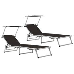 Berkfield Home Folding Sun Loungers with Roof 2 pcs Aluminium&Textilene Black - thumbnail 2