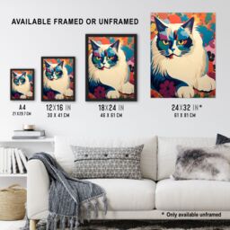 Artery8 Wall Art Print Ragdoll Cat With Flowers Pet Portrait Teal Blue Purple Orange Floral Artwork Vibrant Bold Bright Colourful Painting Poster - thumbnail 3