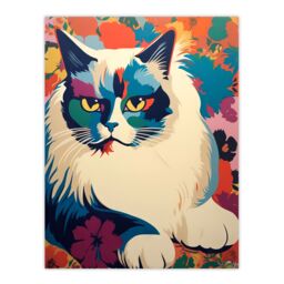 Artery8 Wall Art Print Ragdoll Cat With Flowers Pet Portrait Teal Blue Purple Orange Floral Artwork Vibrant Bold Bright Colourful Painting Poster - thumbnail 1