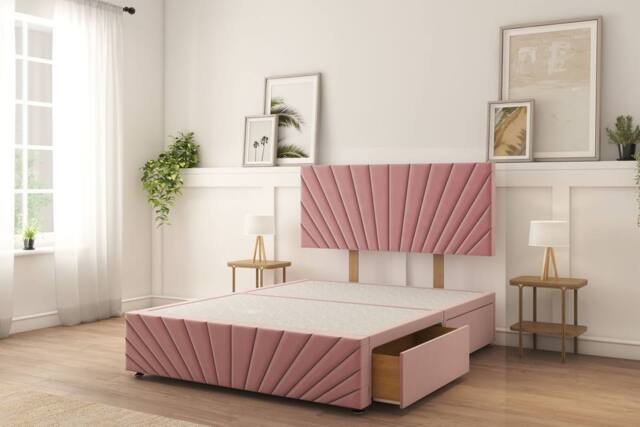 "Sloomy Amberley Naples Divan Bed Base 2 Drawers Left Side With 26"" Strutted Headboard & 12"" Matching Footboard in Pink - Size: Super King" - image 1
