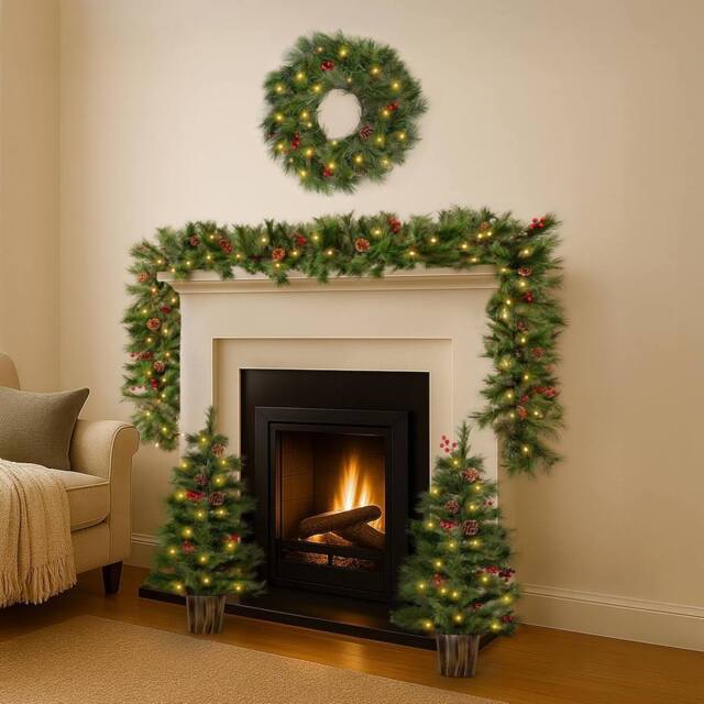 Marco Paul 4pc Pre Lit Pine & Red Berry Christmas Decoration Set in Green - image 1