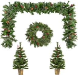 Marco Paul 4pc Pre Lit Pine & Red Berry Christmas Decoration Set in Green - thumbnail 2