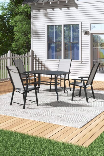 H&O Direct 5Pcs Metal Slatted Outdoor Garden Coffee Table Set in Black
