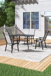 H&O Direct 5Pcs Metal Slatted Outdoor Garden Coffee Table Set in Black - thumbnail 1