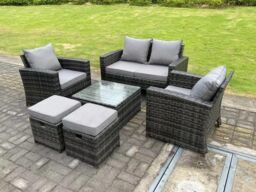 Fimous 6 Seater Dark Grey Mixed High Back Rattan Sofa Set Square Coffee Table Garden Furniture Outdoor 2 Stools - thumbnail 2