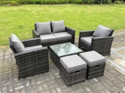 Fimous 6 Seater Dark Grey Mixed High Back Rattan Sofa Set Square Coffee Table Garden Furniture Outdoor 2 Stools - thumbnail 3