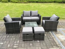 Fimous 6 Seater Dark Grey Mixed High Back Rattan Sofa Set Square Coffee Table Garden Furniture Outdoor 2 Stools - thumbnail 1