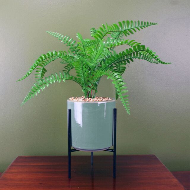 Leaf Artificial 40cm Fern Plant with Ceramic Planter Stand in Green - image 1