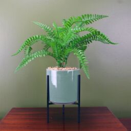 Leaf Artificial 40cm Fern Plant with Ceramic Planter Stand in Green - thumbnail 1