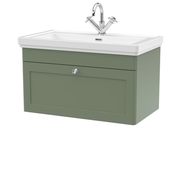 Balterley Bathroom Wall Hung 1-Drawer Vanity Unit & Fireclay Basin, Green, 800mm in Green - image 1