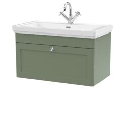 Balterley Bathroom Wall Hung 1-Drawer Vanity Unit & Fireclay Basin, Green, 800mm in Green - thumbnail 1
