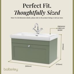Balterley Bathroom Wall Hung 1-Drawer Vanity Unit & Fireclay Basin, Green, 800mm in Green - thumbnail 5