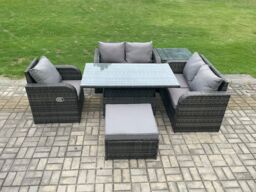 Fimous Wicker PE Rattan Furniture Garden Dining Set With Reclining Chair Side Tables Big Footstool in Dark Grey - thumbnail 2